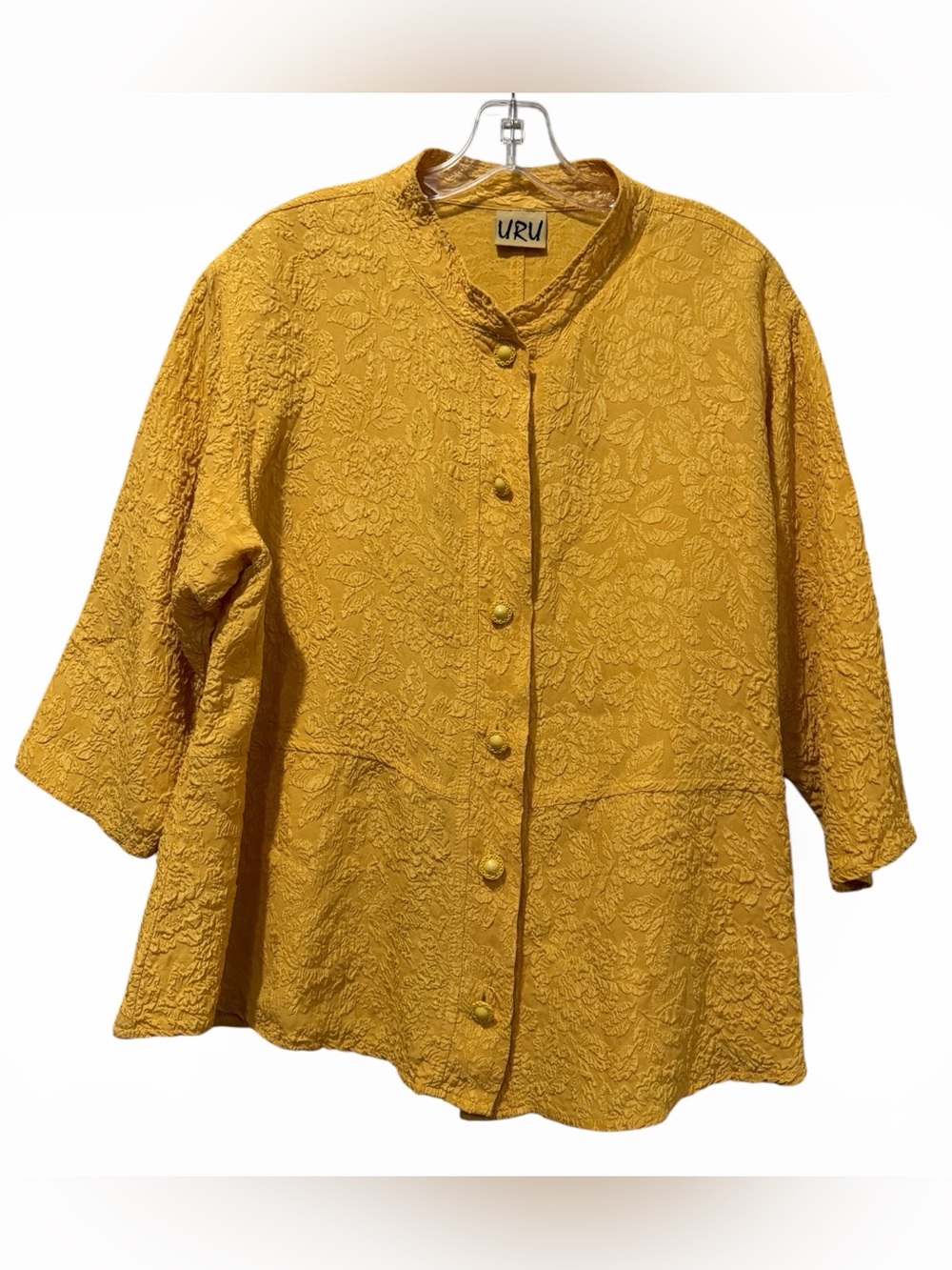 URU‎ Medium Mustard Yellow 100% Silk Floral Embossed 3/4 Sleeve Button Blouse B6